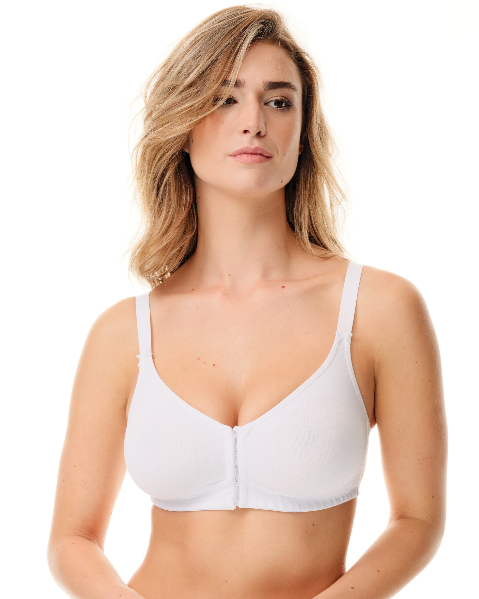 Reggiseno bianco in cotone elastico, coppe preformate, allacciatura anteriore.