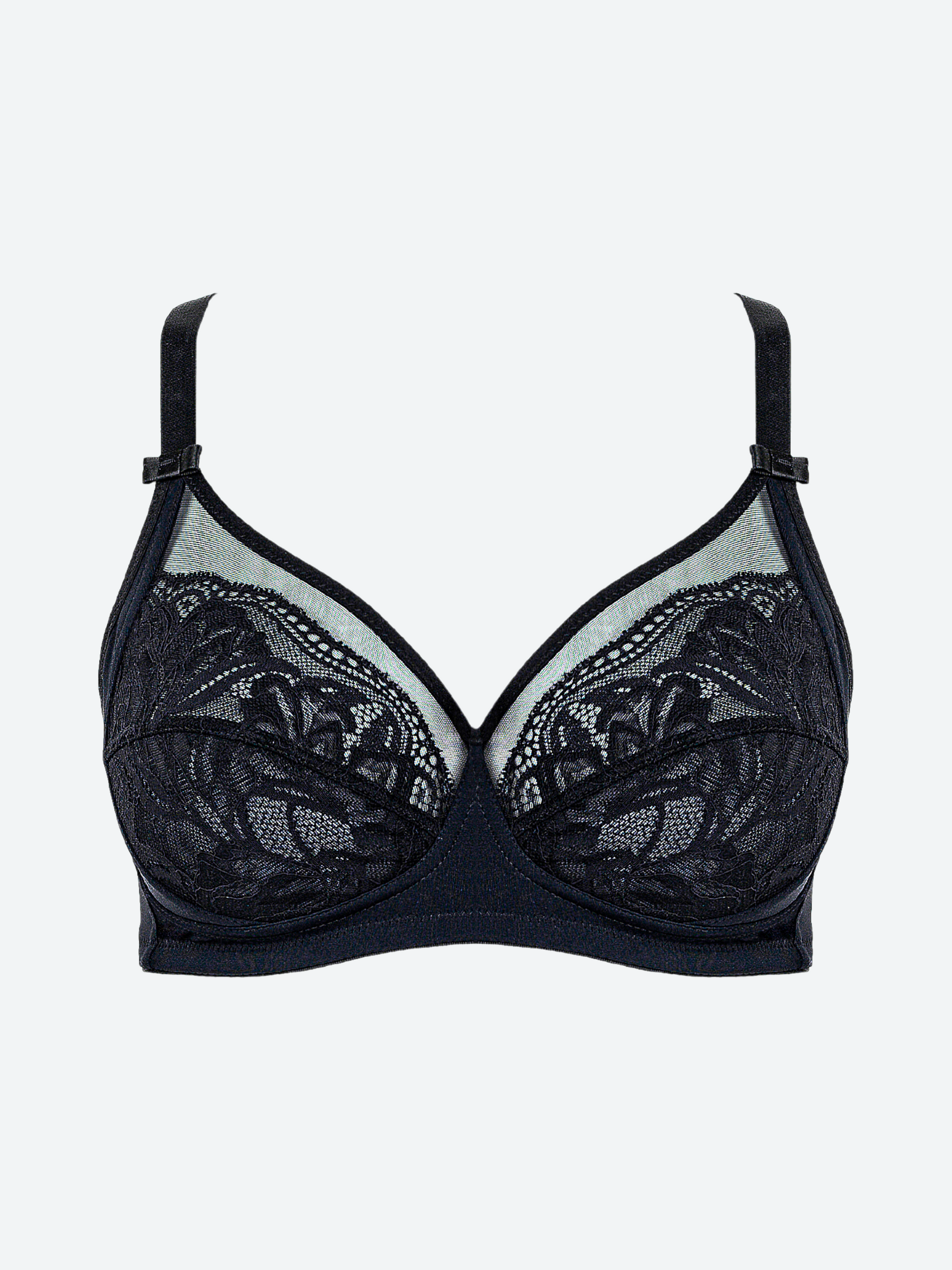 Reggiseno nero in microfibra con pizzo jacquardtronic, coppe e spalline regolabili.