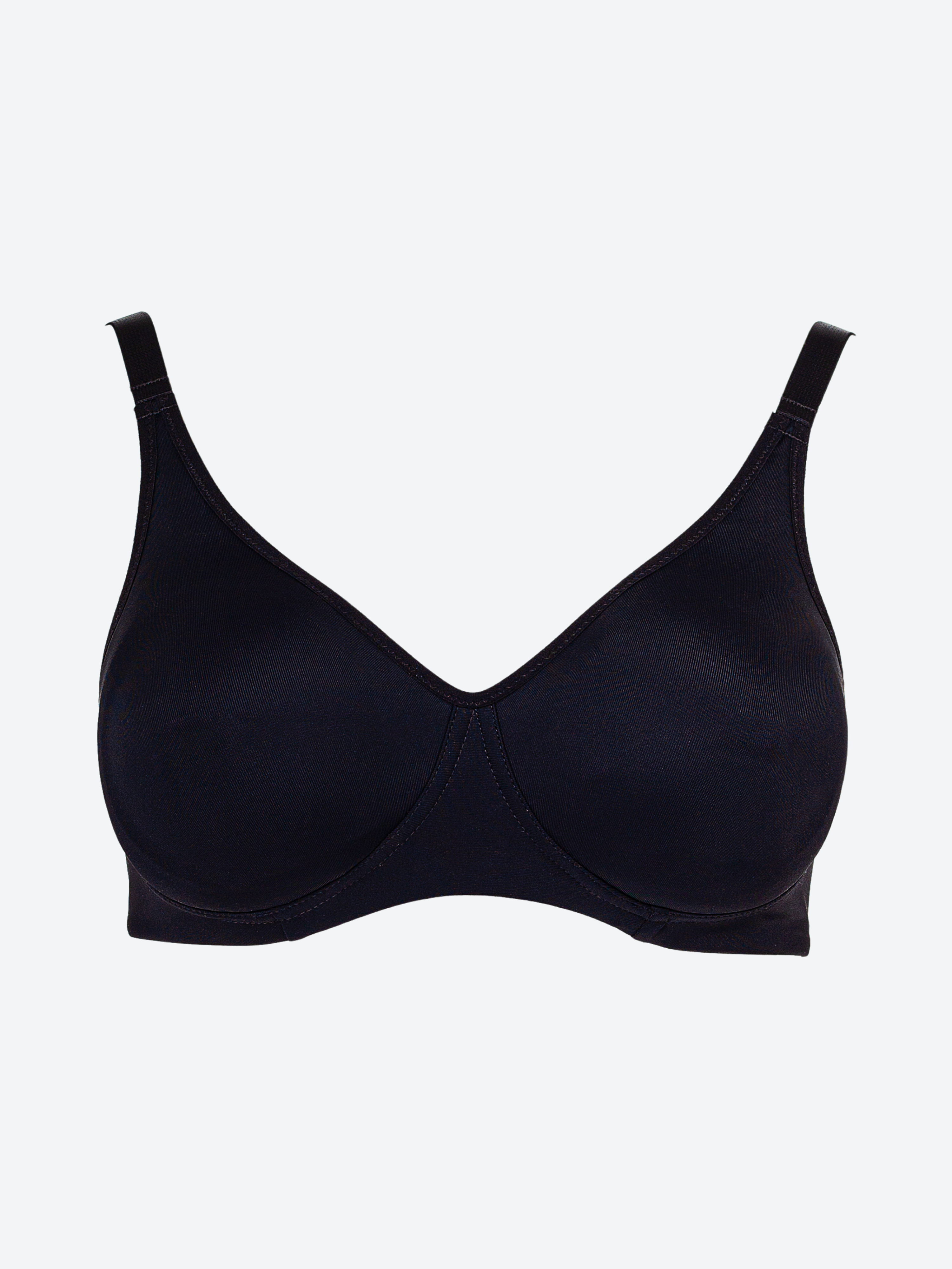 Reggiseno nero in microfibra con coppe preformate e sostegno laterale.