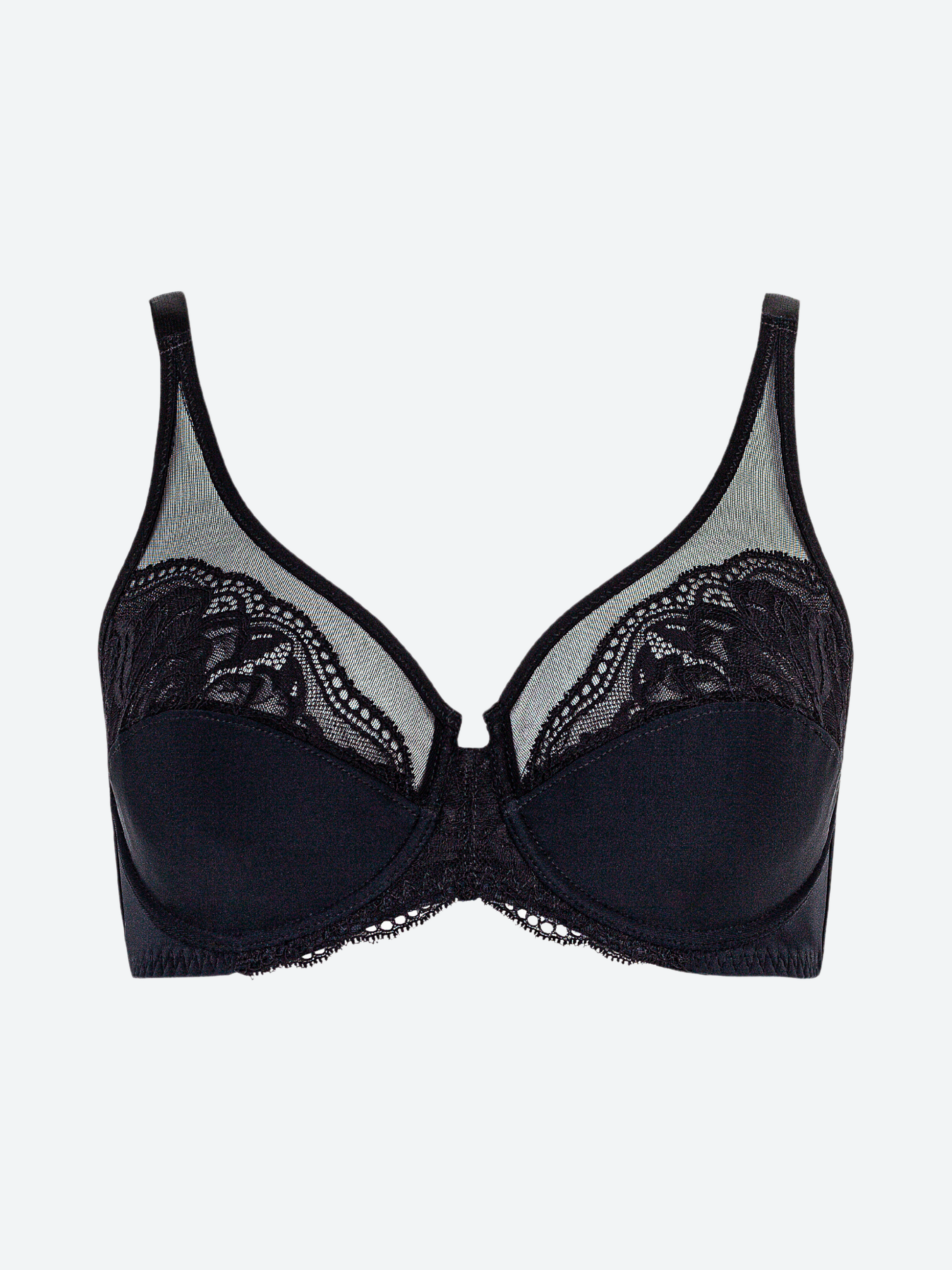 Reggiseno nero con ferretto in microfibra e pizzo jacquardtronic.
