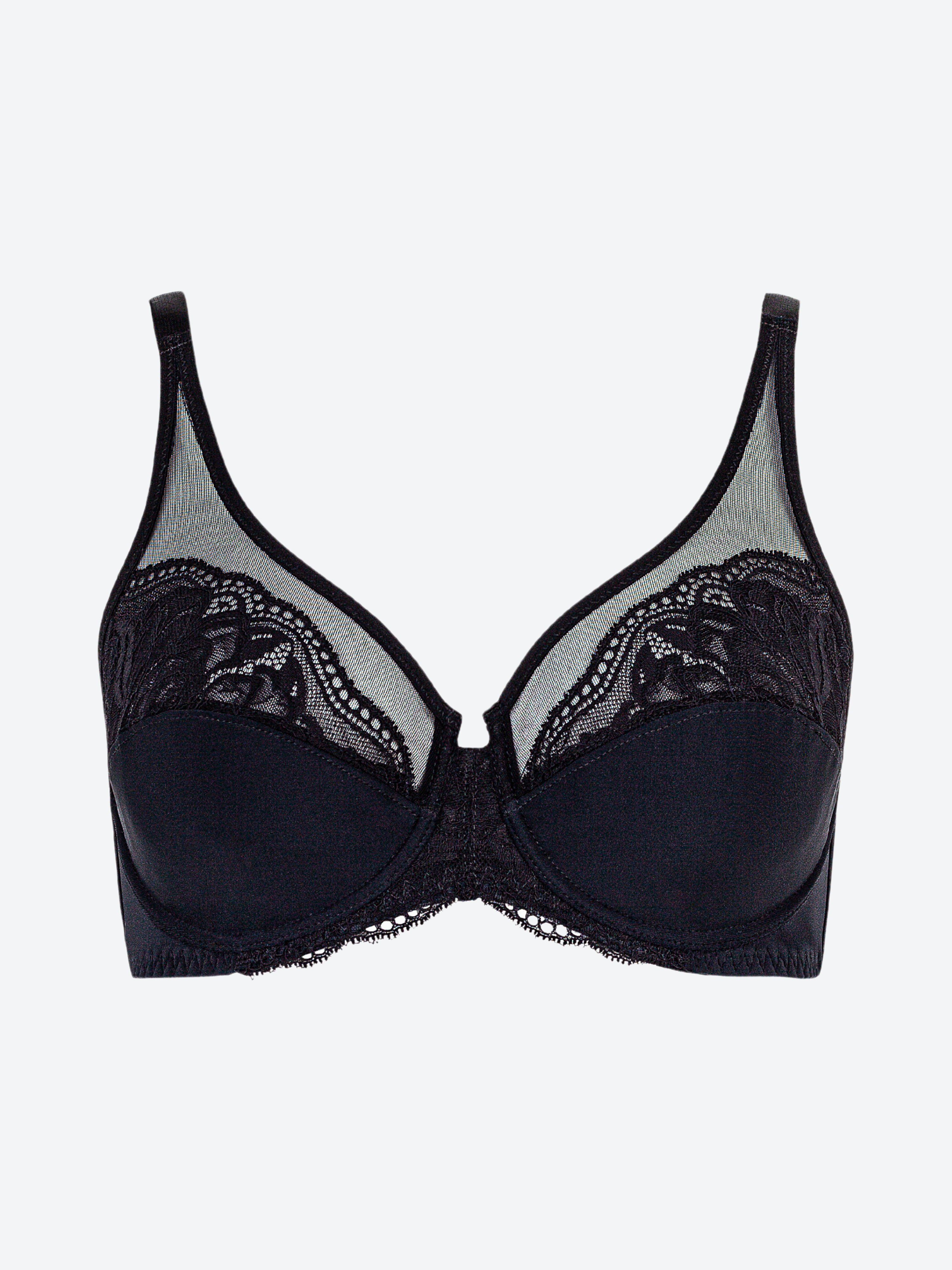 Reggiseno nero con ferretto in microfibra e pizzo jacquardtronic.