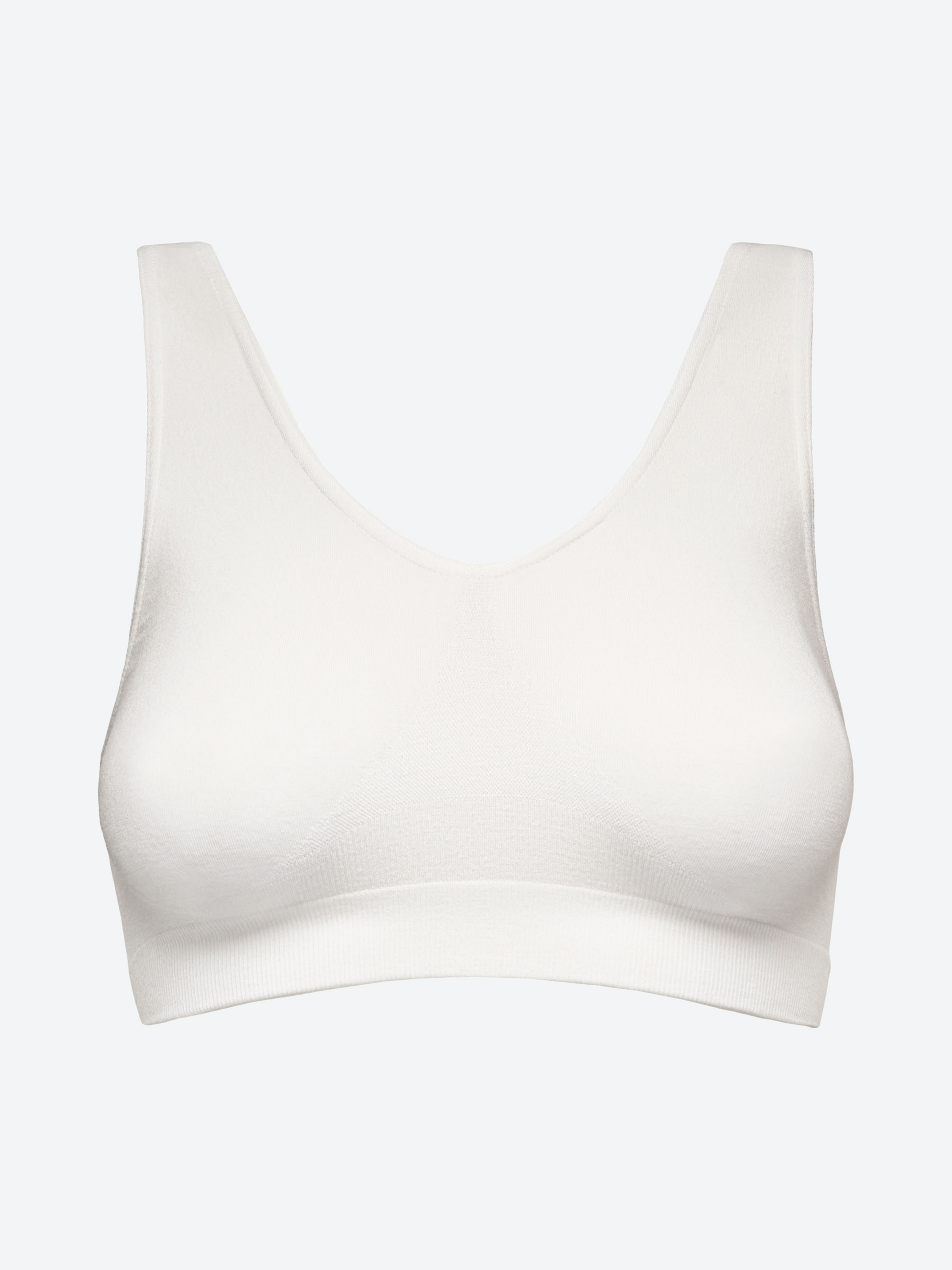 Bralette bianca spalla larga in fibra di bamboo, traspirante e antibatterica.