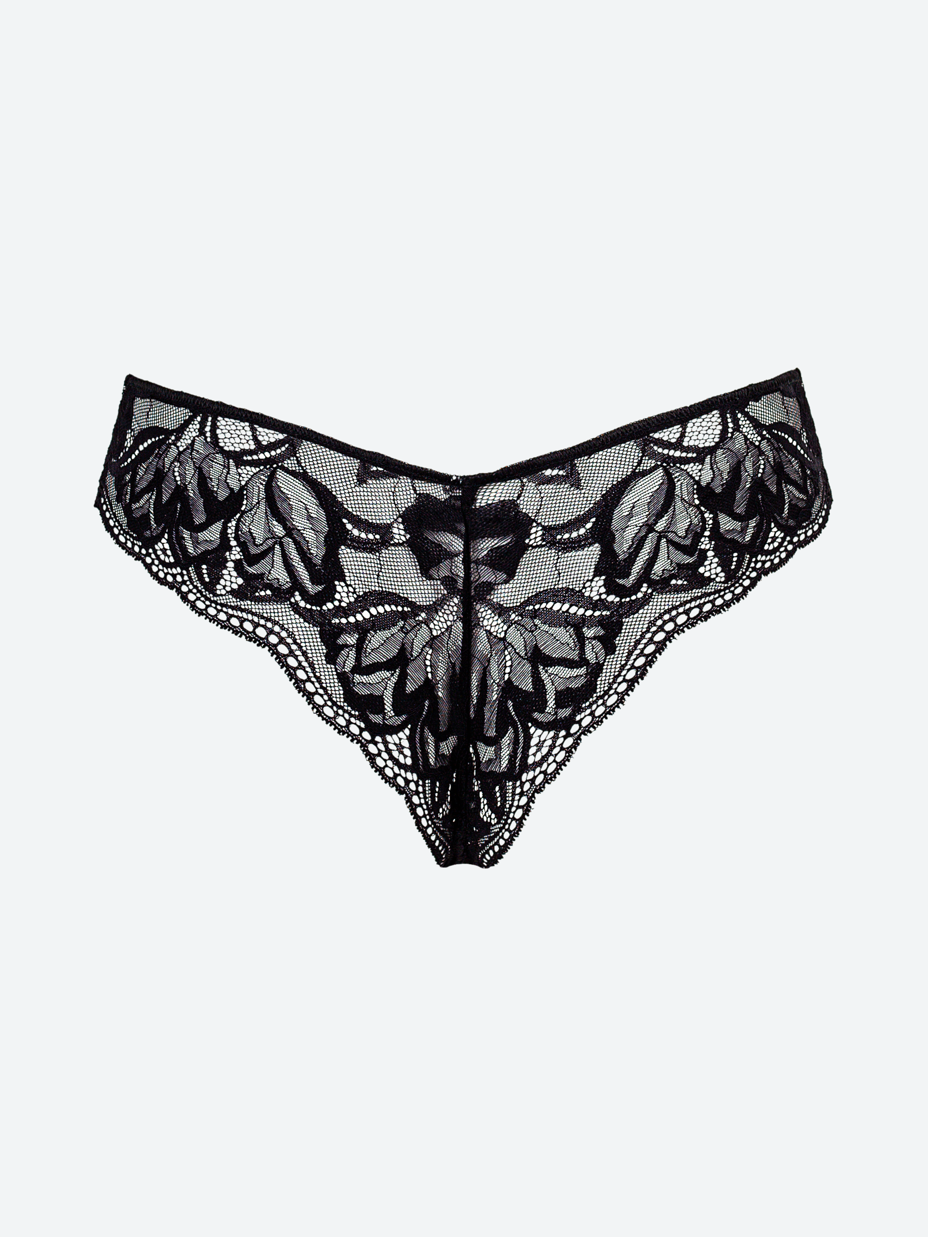 Brasiliana nera in microfibra con pizzo jacquardtronic, dettagli floreali.