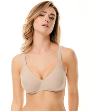 Reggiseno tortora con ferretto, microfibra, coppe preformate e spalline larghe.