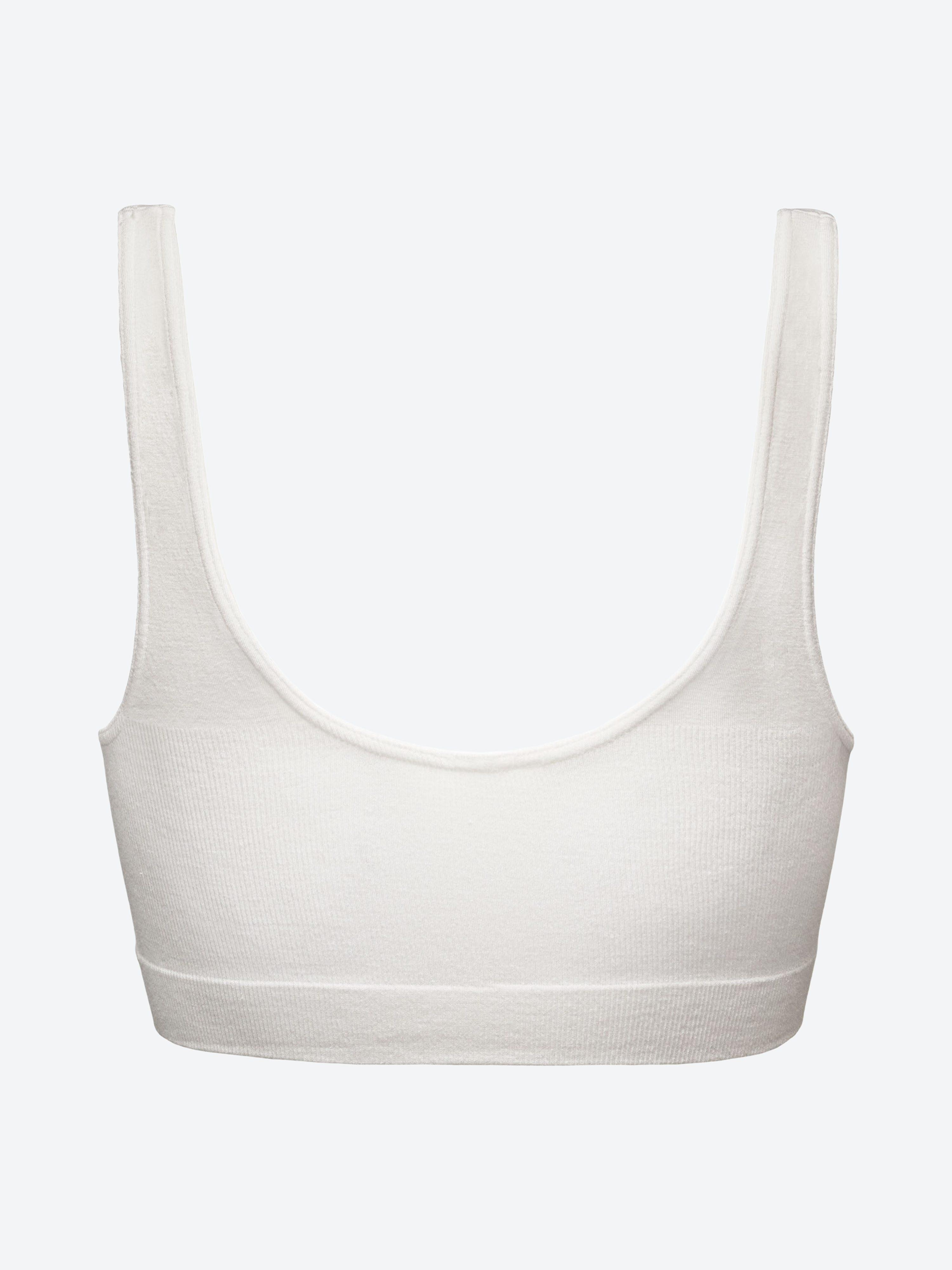 Bralette bianca in fibra di bamboo con spalla larga e tessuto morbido.