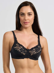 Reggiseno nero con ferretto, tessuto elasticizzato e dettagli in pizzo.