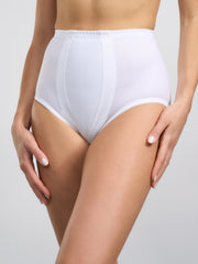 Guaina contenitiva bianca a vita alta con cuciture verticali.