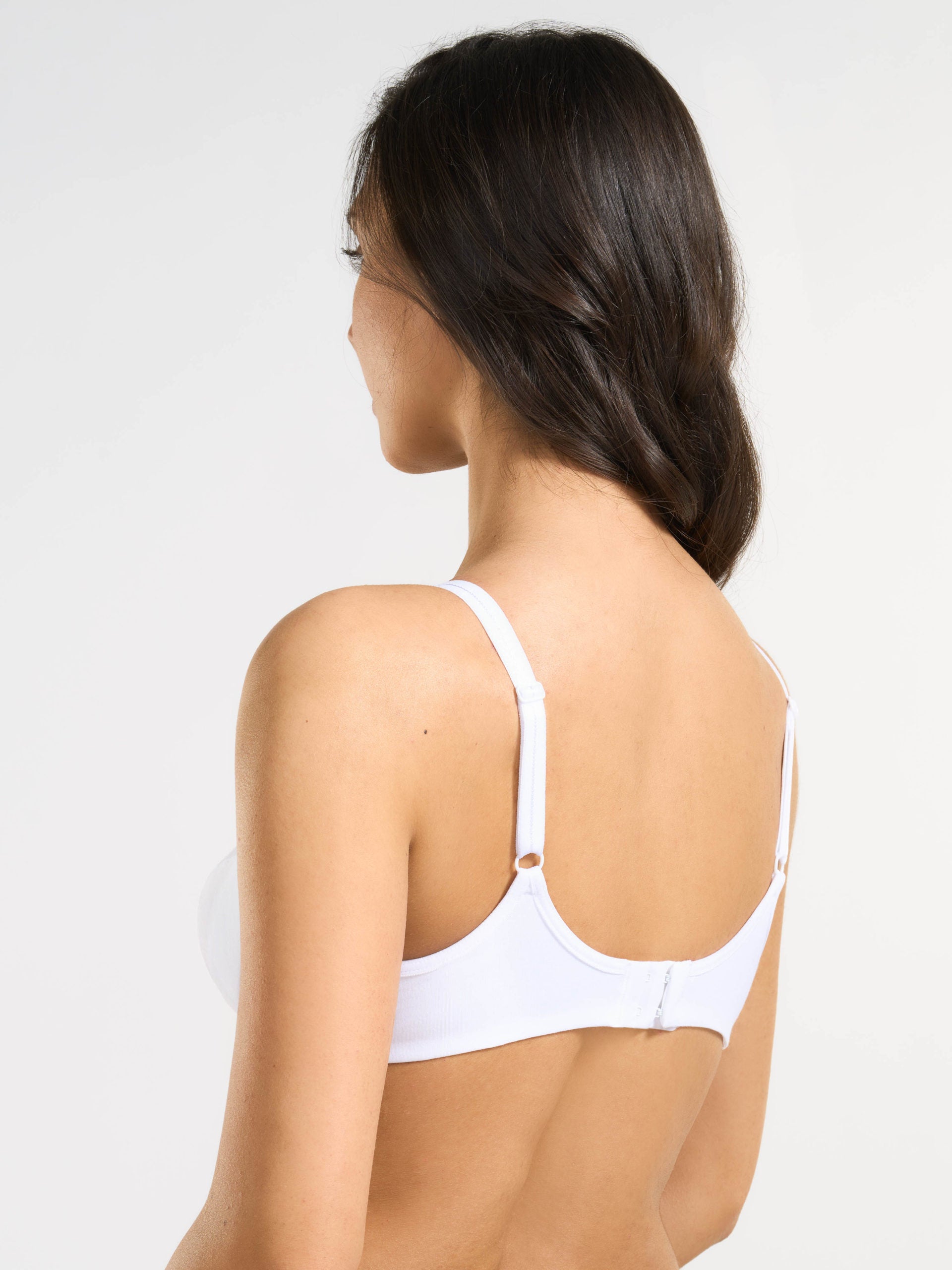 Reggiseno bianco in cotone elasticizzato con spalline regolabili, vista posteriore.