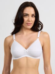Reggiseno bianco in cotone elasticizzato con spalline regolabili e dettaglio pizzo.