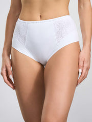 Guainetta bianca in cotone con inserti in pizzo elastico sui lati.