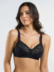 Reggiseno nero in pizzo elasticizzato con imbottitura laterale.