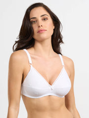 Reggiseno bianco in cotone elasticizzato con ricamo floreale e spalline regolabili.