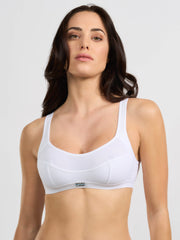 Reggiseno sportivo bianco a bustino con taglio sagomato e spalline larghe.