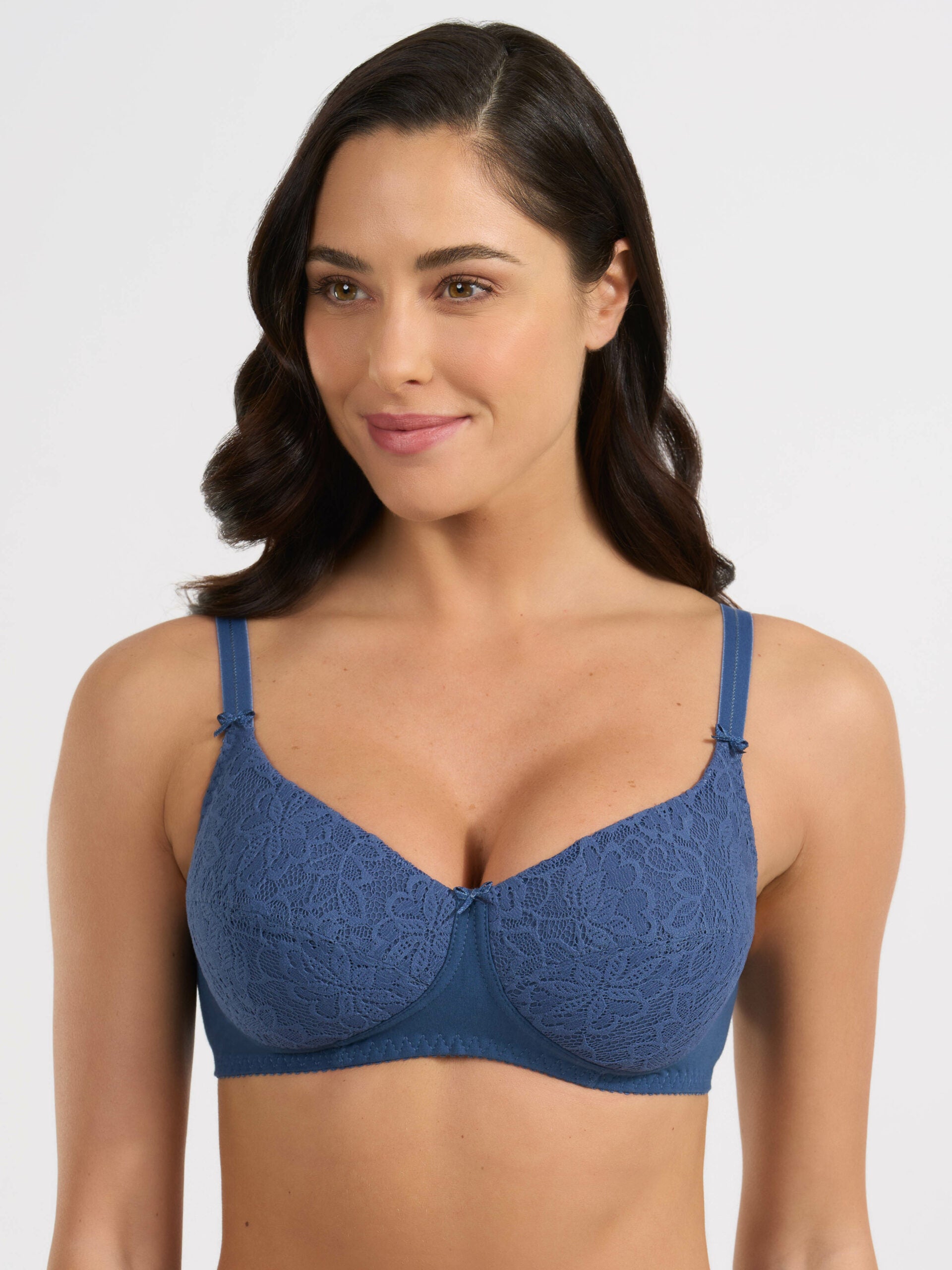 Reggiseno imbottito cobalto in cotone elasticizzato e pizzo floreale.