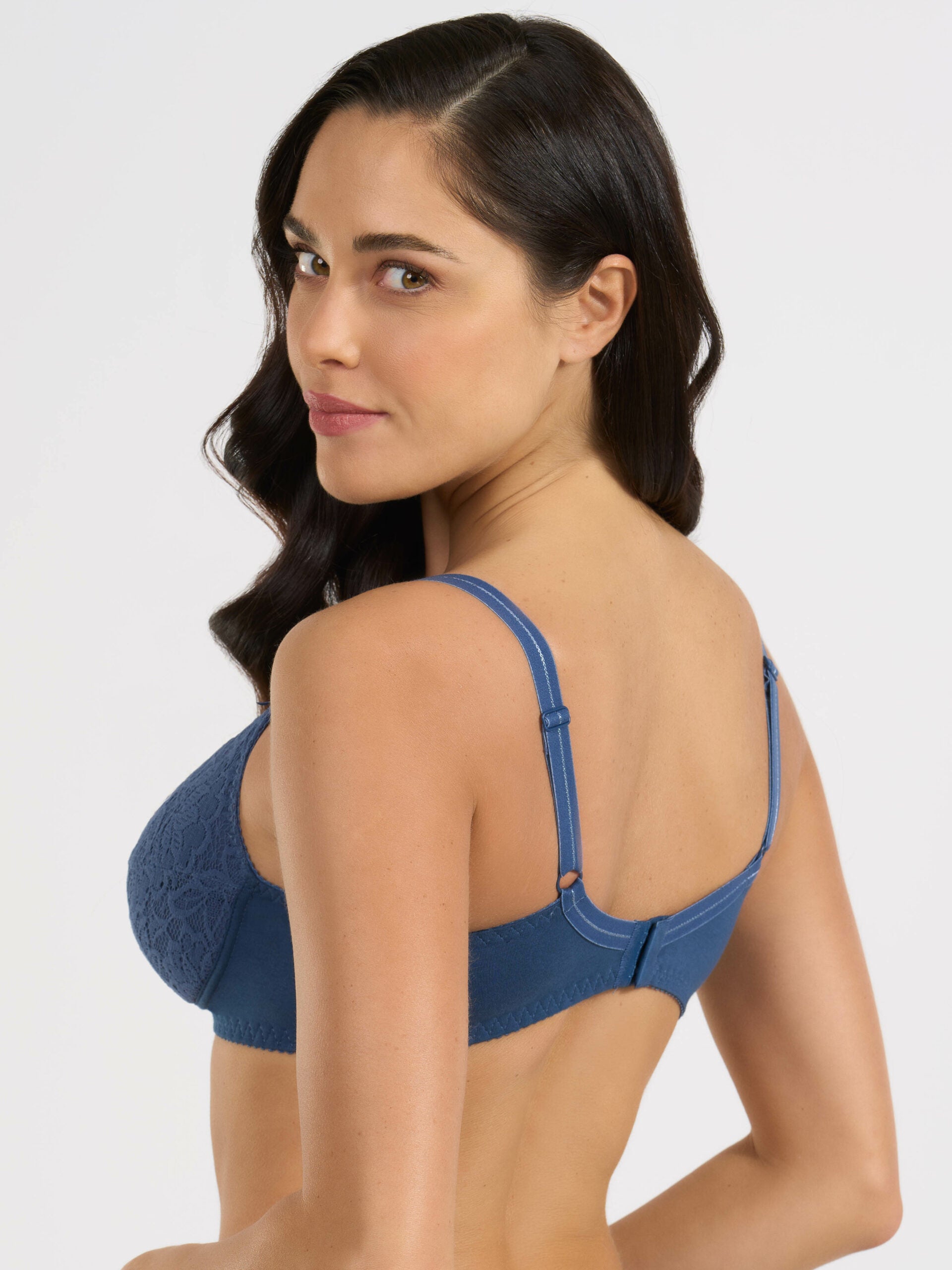 Reggiseno imbottito in cotone e pizzo, colore cobalto, vista posteriore.