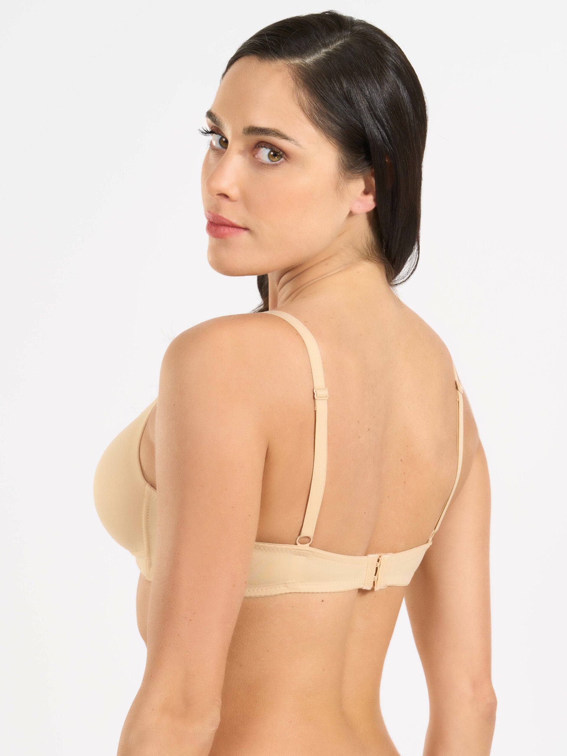 Triangolo imbottito elasticizzato color nudo, vista posteriore con spalline regolabili.