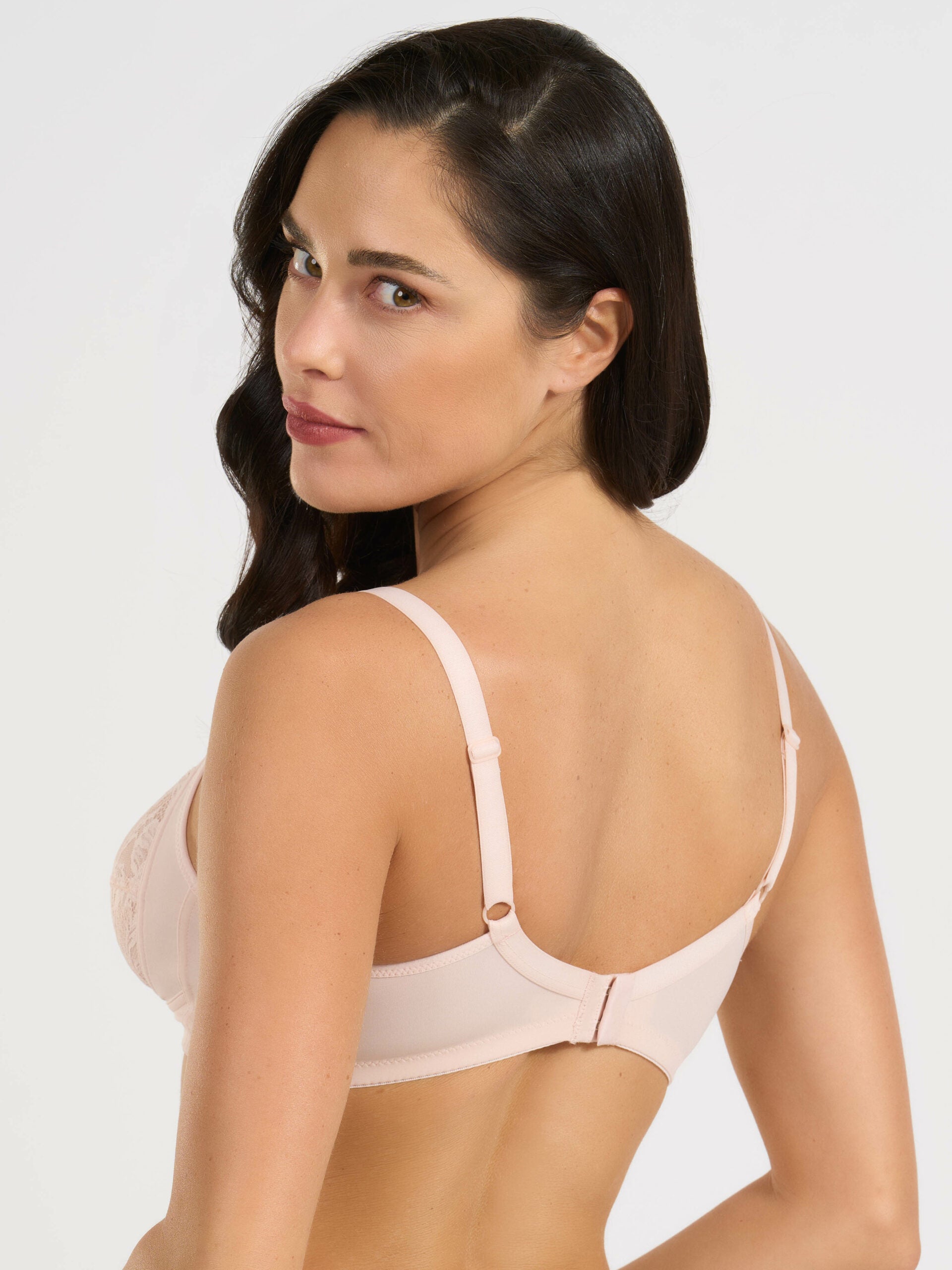 Reggiseno in microfibra e pizzo jacquardtronic, colore cipria, vista posteriore.