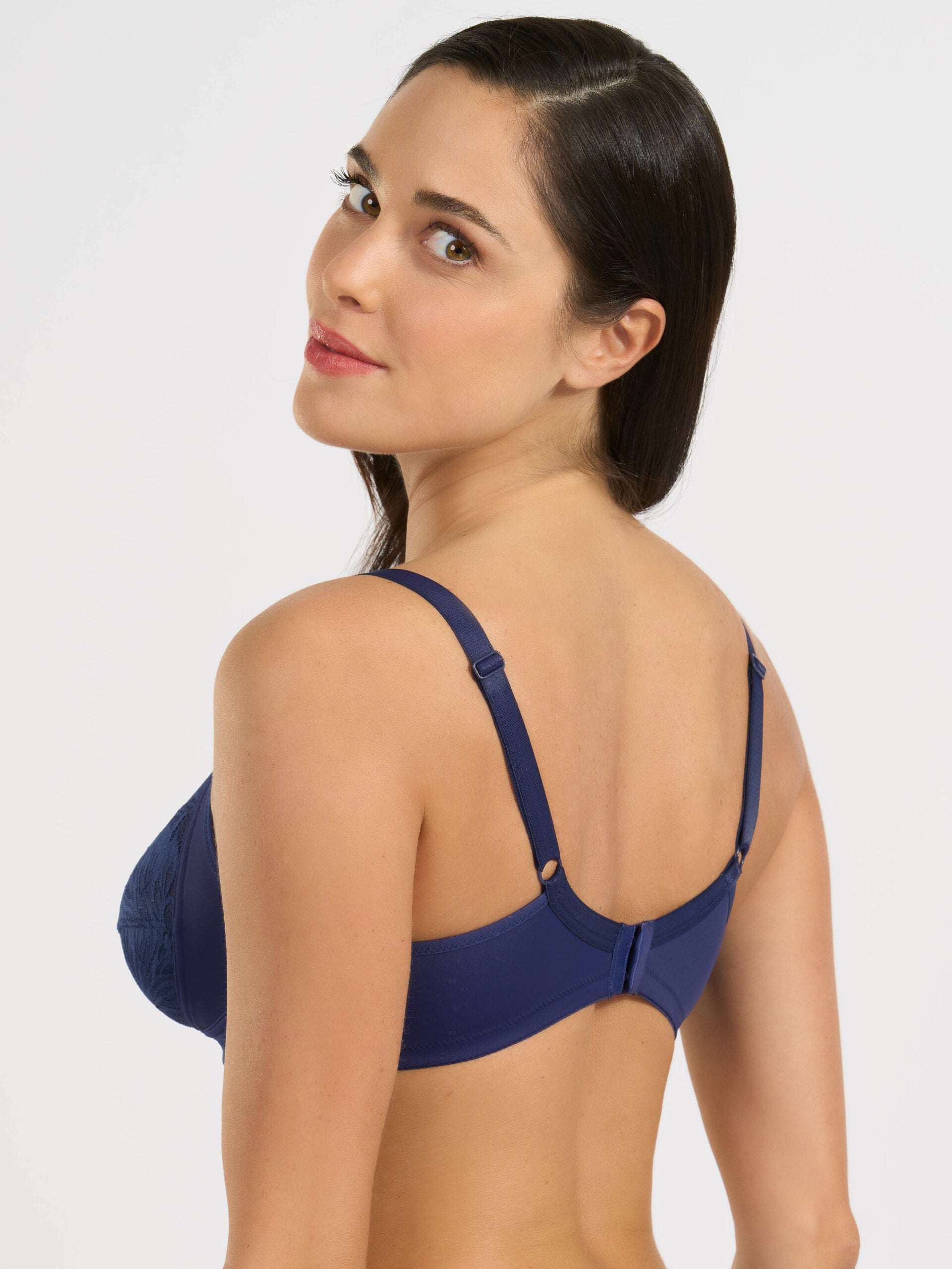 Reggiseno blu in microfibra e pizzo jacquardtronic, vista posteriore con spalline regolabili.