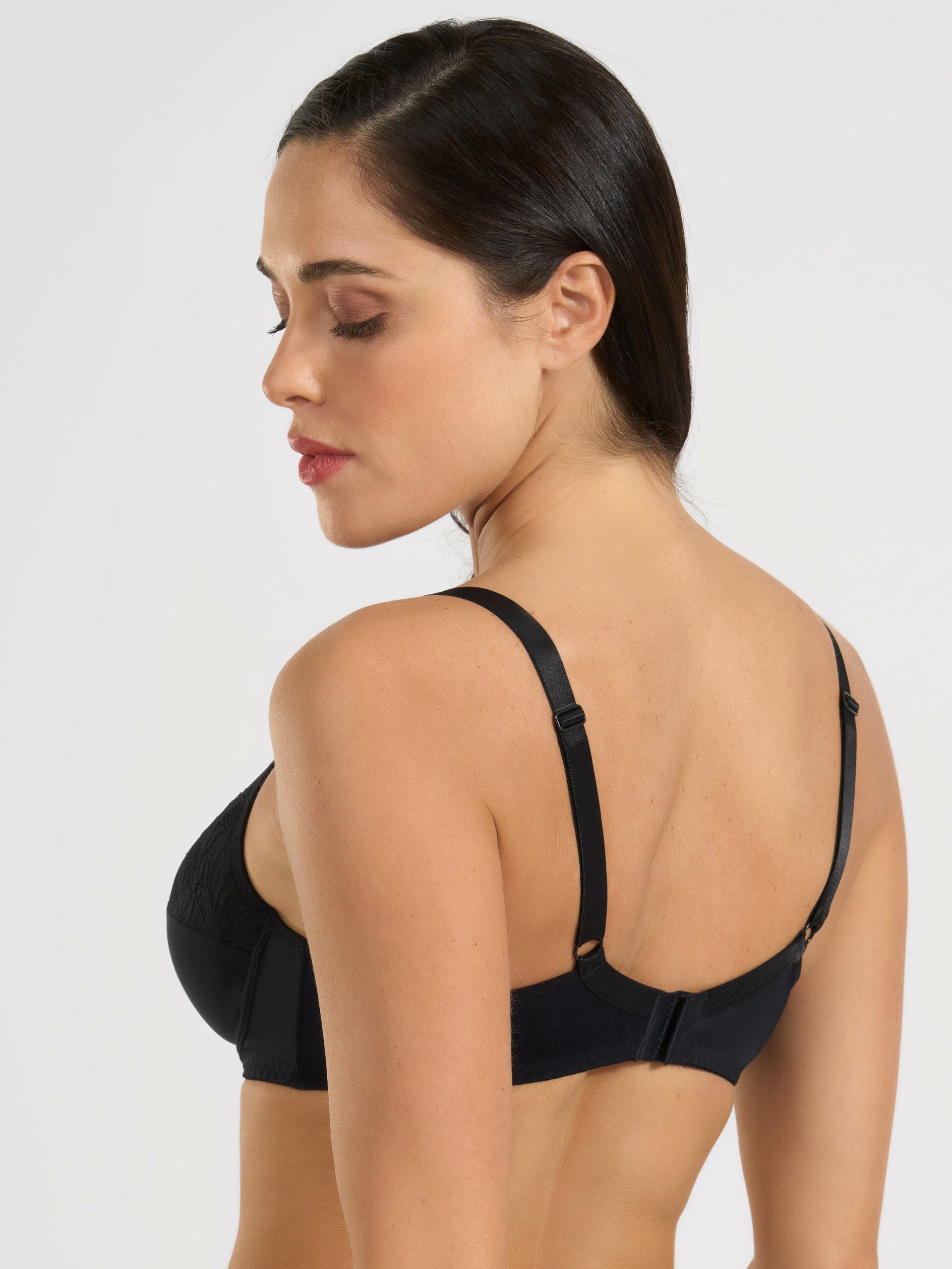 Reggiseno nero con ferretto in microfibra e pizzo jacquardtronic, vista posteriore.