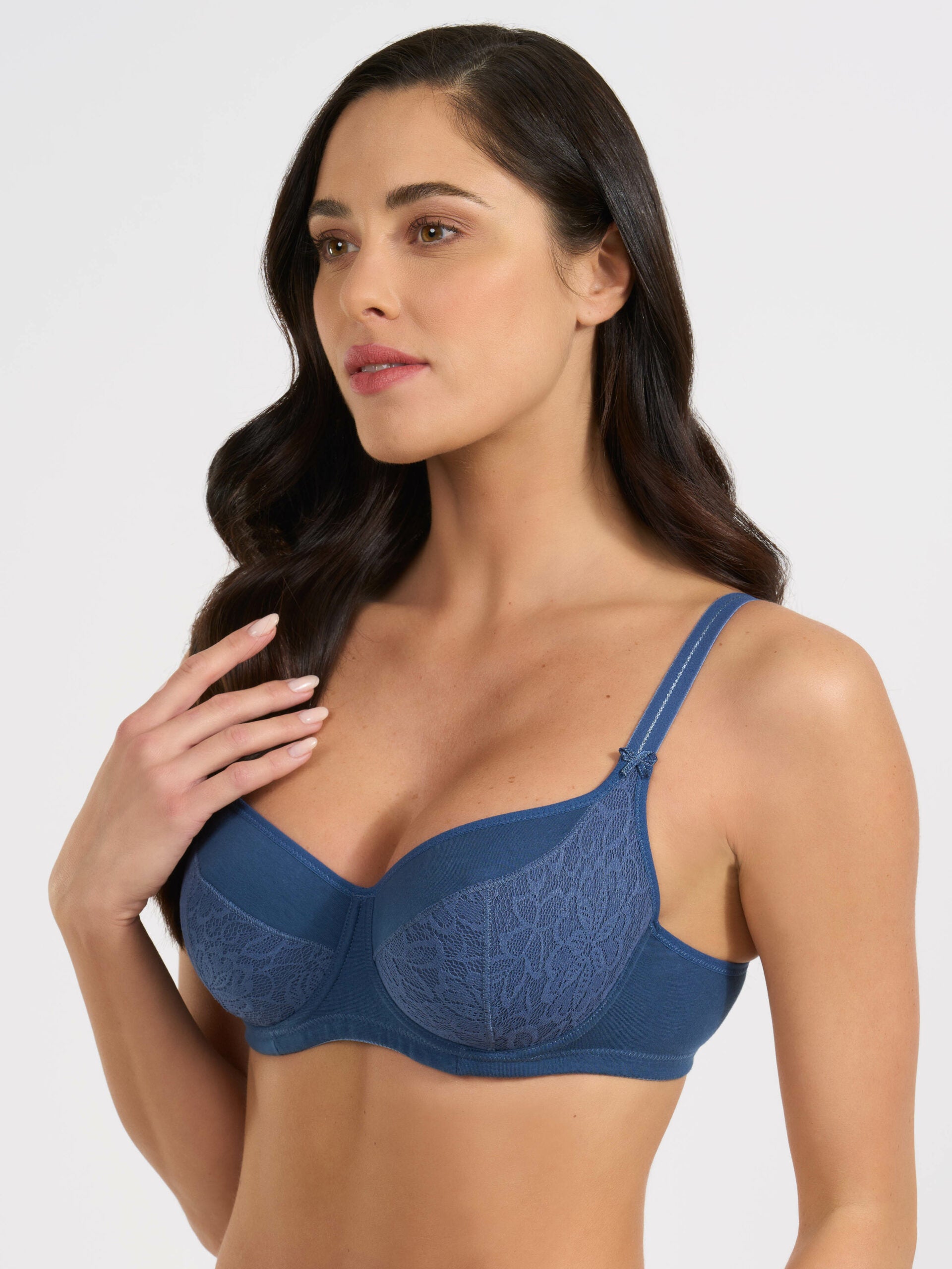 Reggiseno Greta in cotone elasticizzato cobalto con pizzo e ferretto.