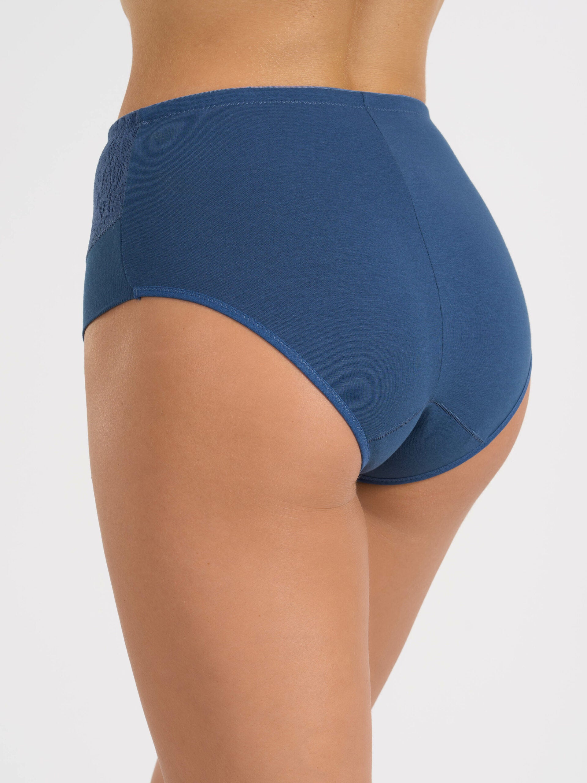 Guainetta in cotone elasticizzato blu con dettaglio in pizzo laterale.