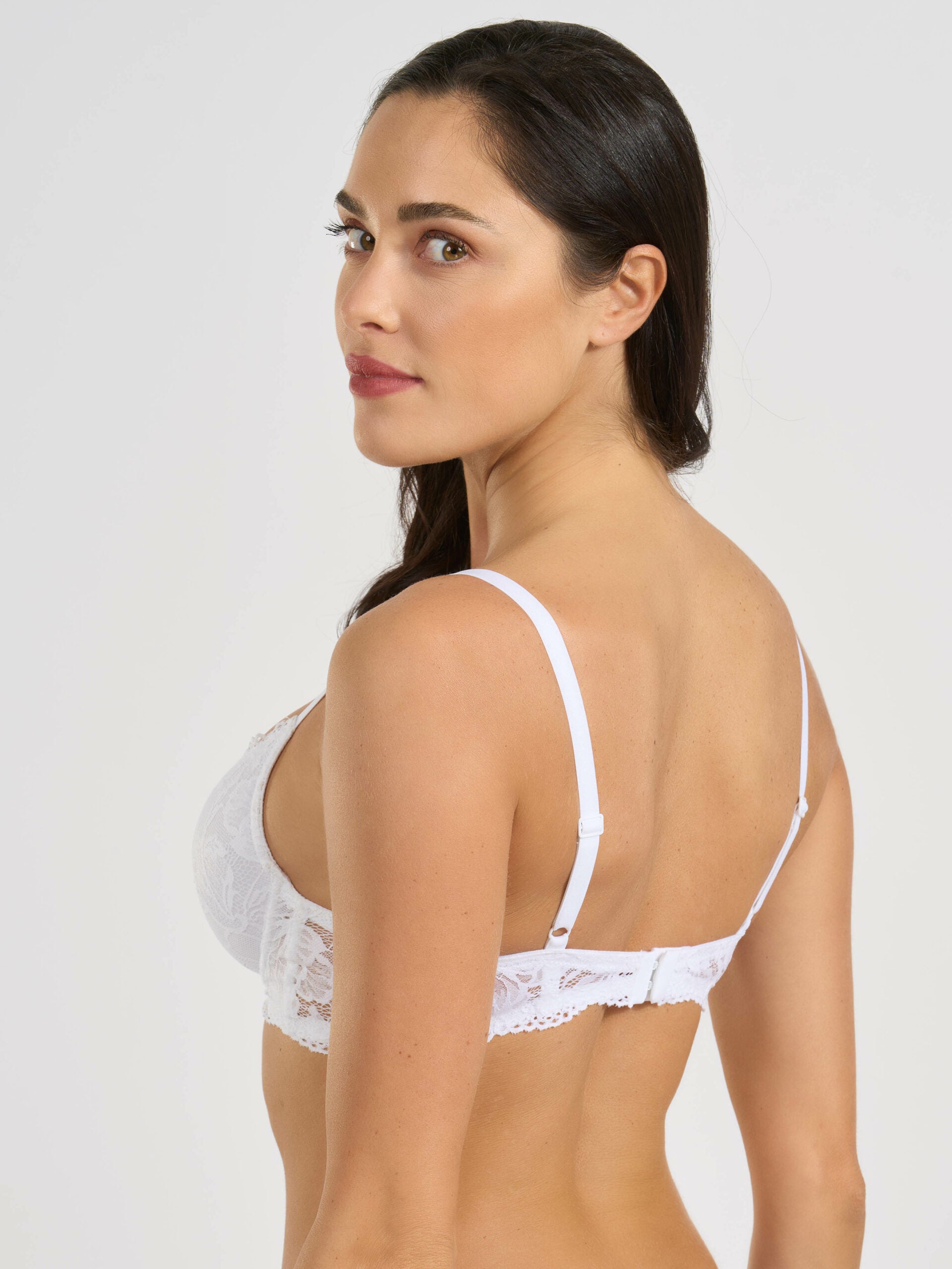 Reggiseno imbottito bianco con ferretto in pizzo jacquardtronic, vista posteriore.