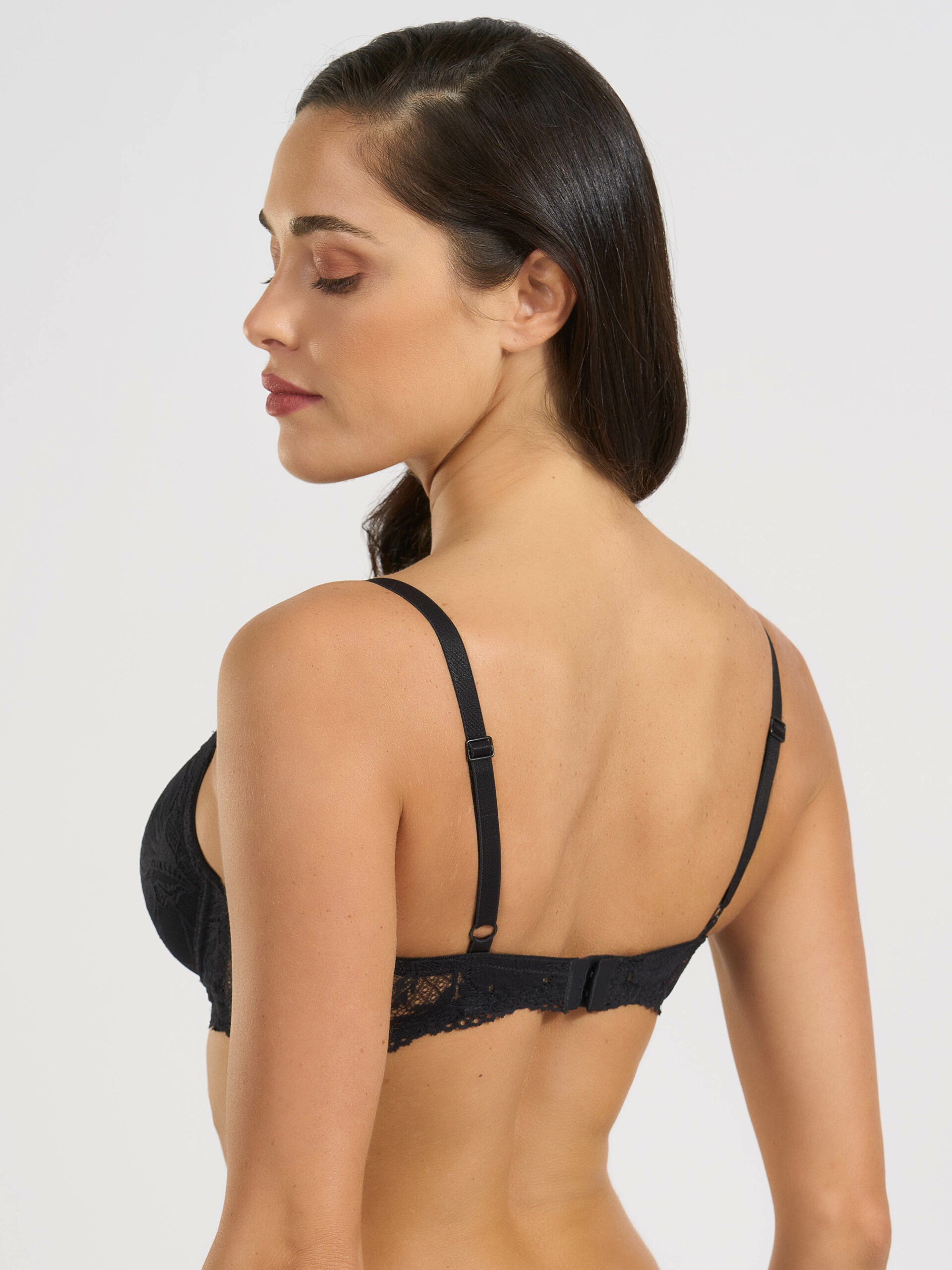 Reggiseno imbottito con ferretto in pizzo jacquardtronic nero, vista posteriore.