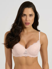 Reggiseno imbottito in pizzo jacquardtronic cipria con ferretto e spalline sottili.