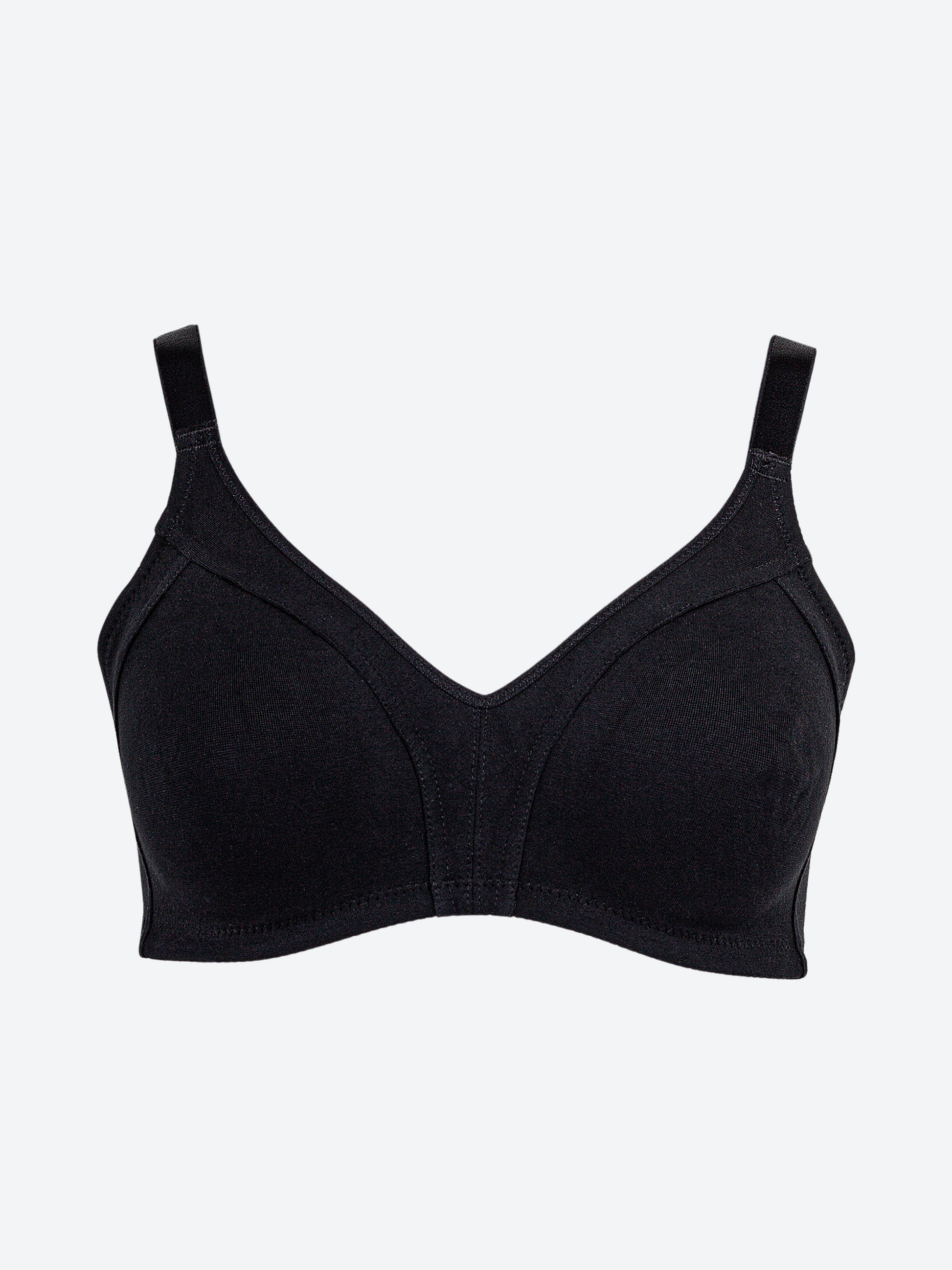 Reggiseno nero in cotone elastico con coppe preformate e spalline regolabili.