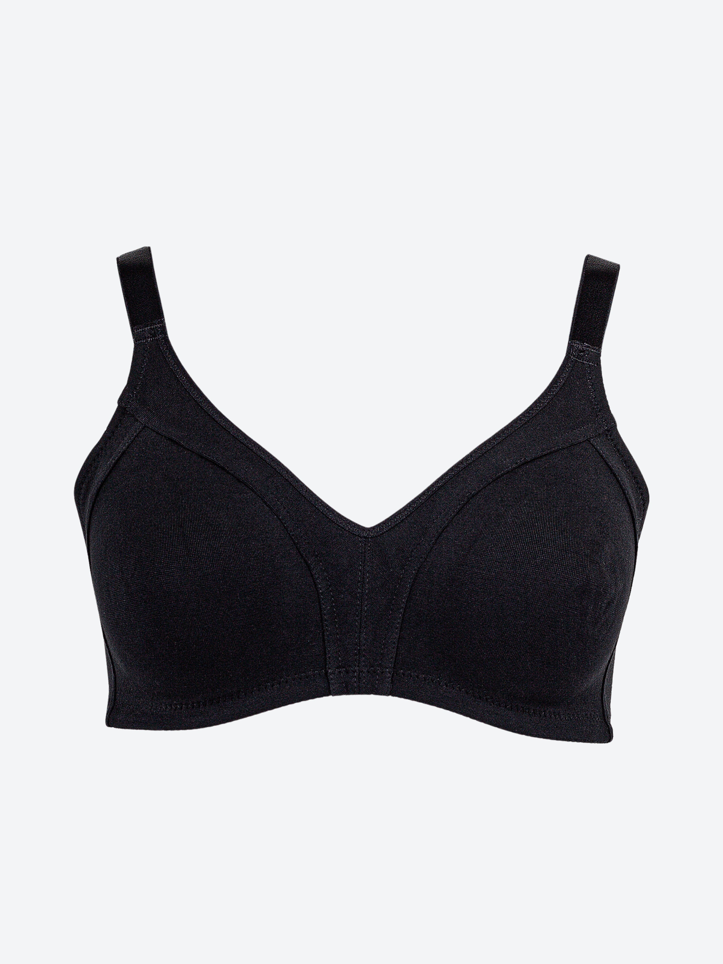 Reggiseno nero in cotone elastico con coppe preformate e spalline regolabili.