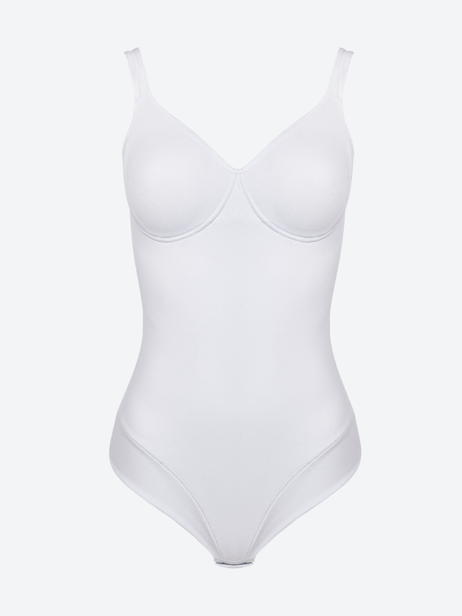 Body bianco in microfibra con coppe preformate e spalline sottili.
