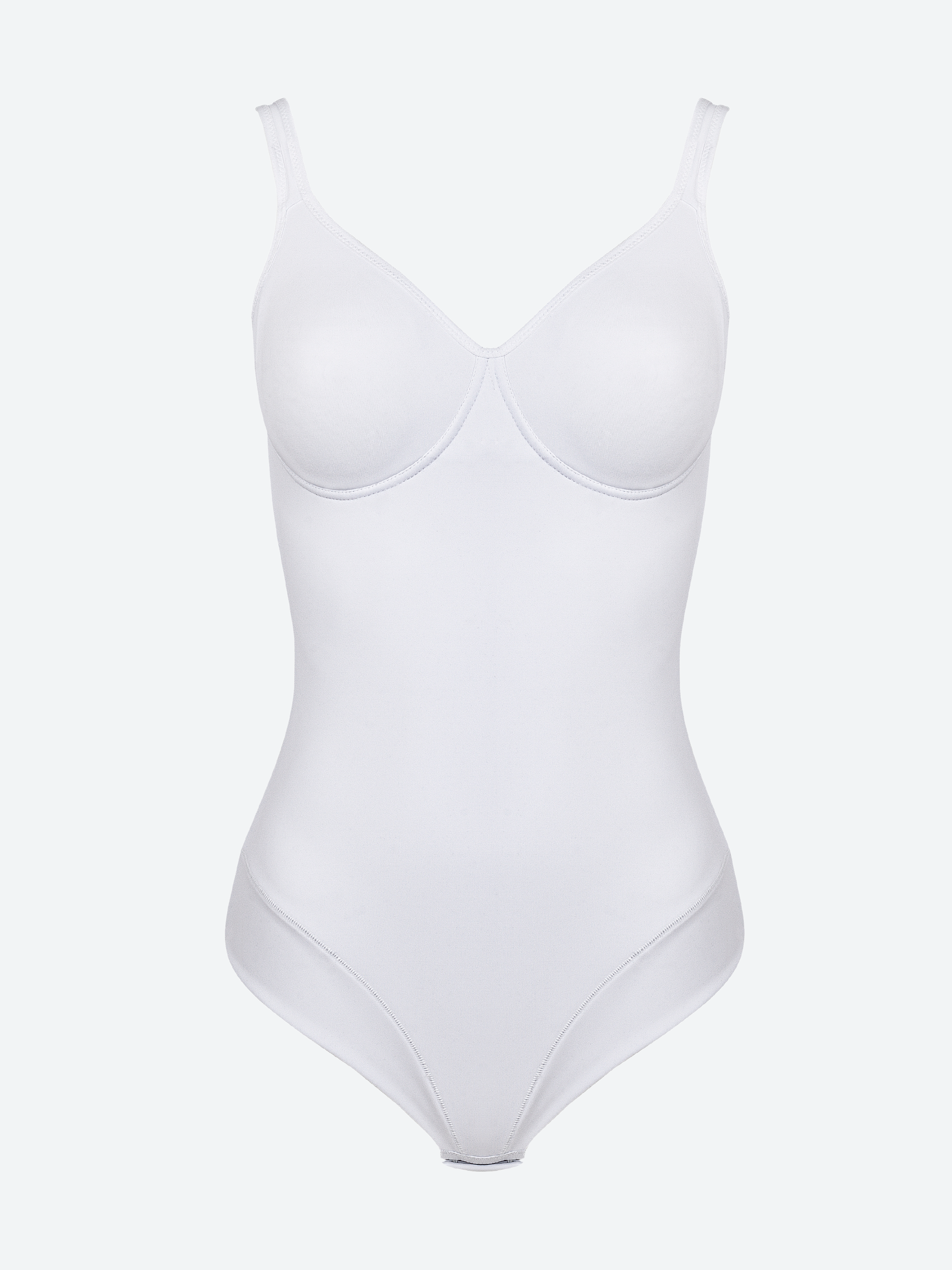 Body bianco in microfibra con coppe preformate e spalline sottili.