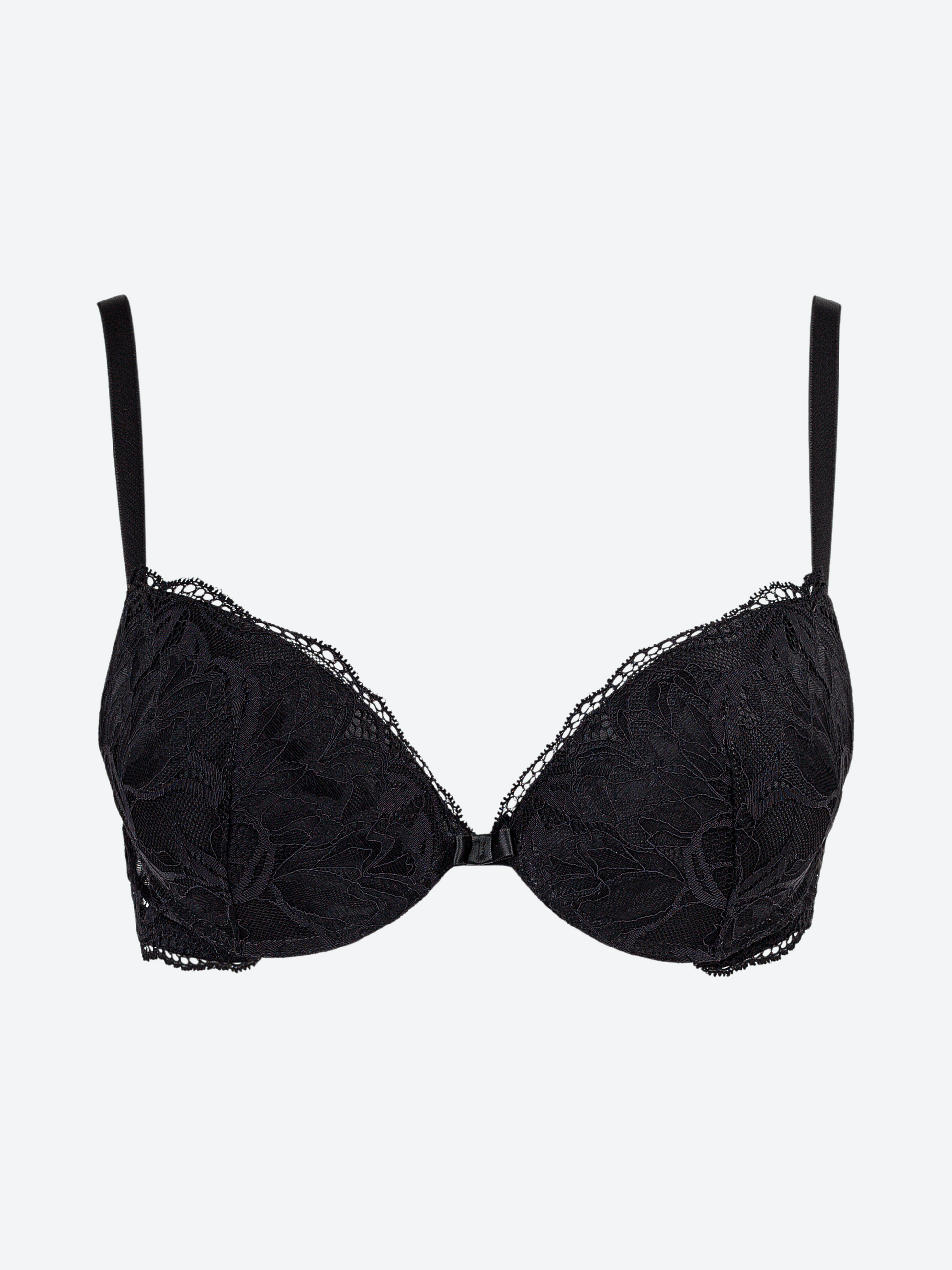 Reggiseno push up nero in pizzo jacquardtronic con spalline regolabili.