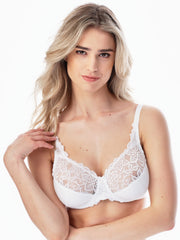 Reggiseno bianco con ferretto e inserti in pizzo floreale elastico.
