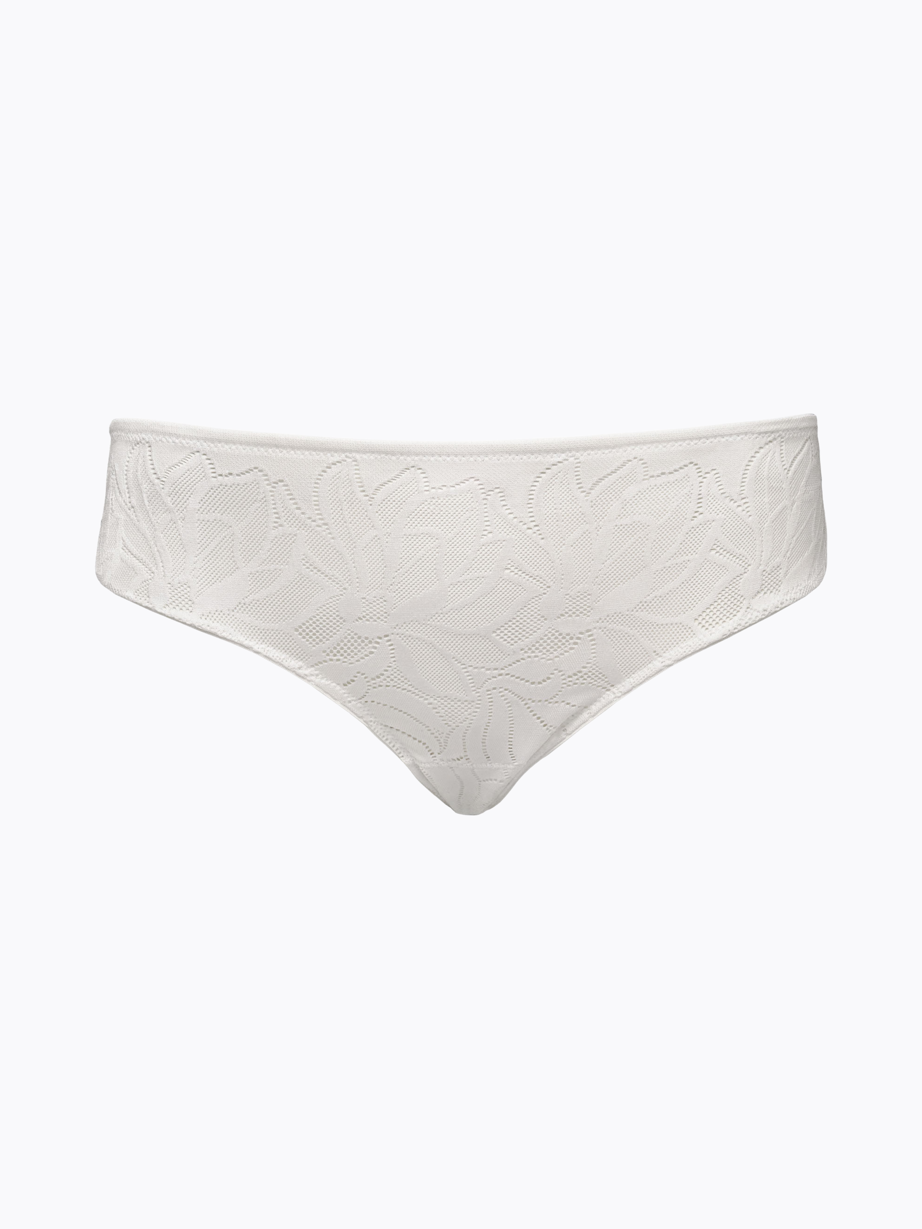 Slip bianco in tessuto jacquard elastico con disegno floreale, taglio vivo sul retro.