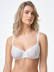 Reggiseno bianco con ferretto, microfibra e jacquard floreale.