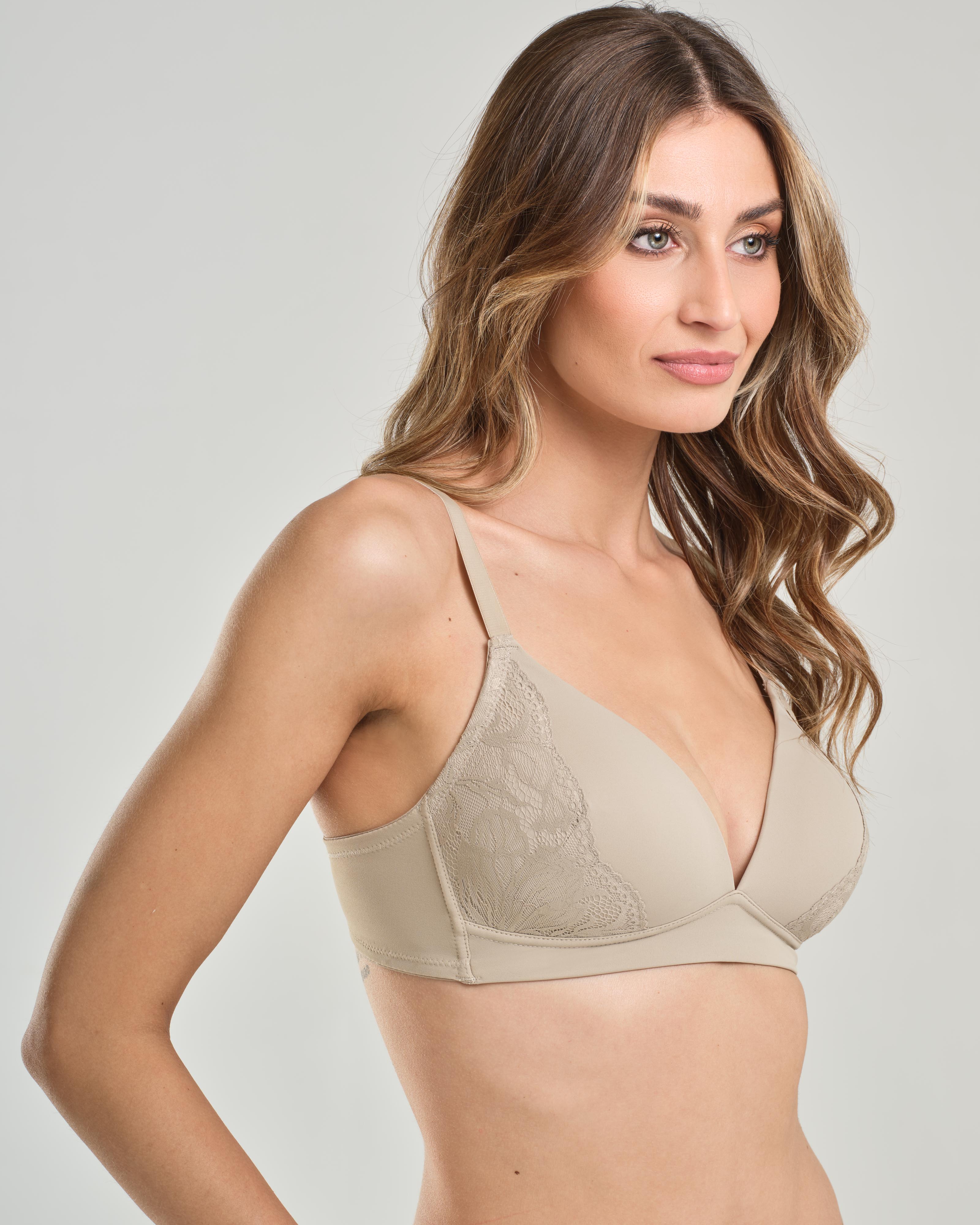 Reggiseno a triangolo senza ferretto e coppa imbottita, inserti in pizzo elastico jacquardtronic - Coppa B